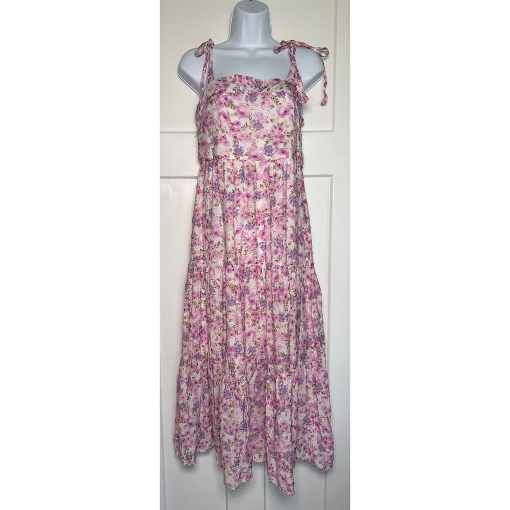 By the River Pink Purple Floral Maxi Dress Size MEDIUM Prairie Tie Straps